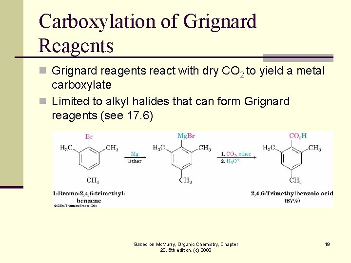 Carboxylation of Grignard Reagents n Grignard reagents react with dry CO 2 to yield