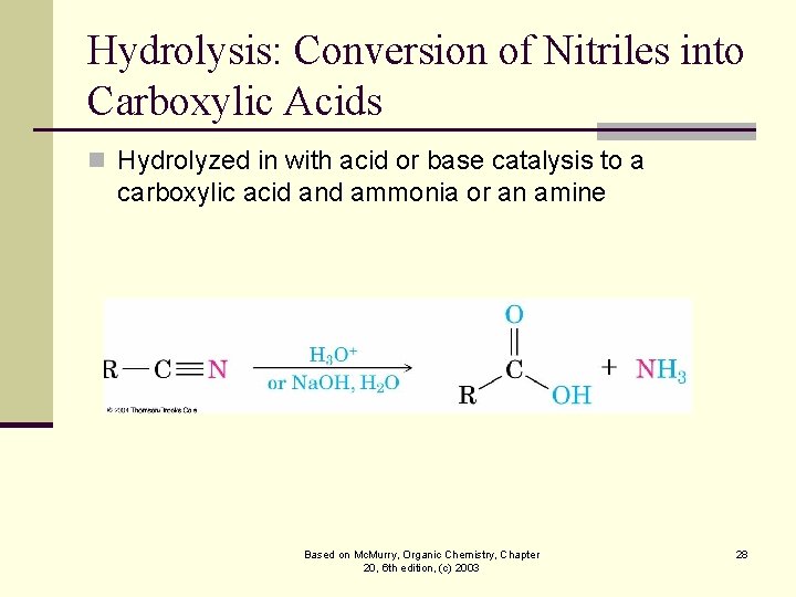 Hydrolysis: Conversion of Nitriles into Carboxylic Acids n Hydrolyzed in with acid or base