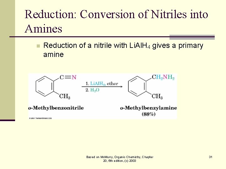 Reduction: Conversion of Nitriles into Amines n Reduction of a nitrile with Li. Al.
