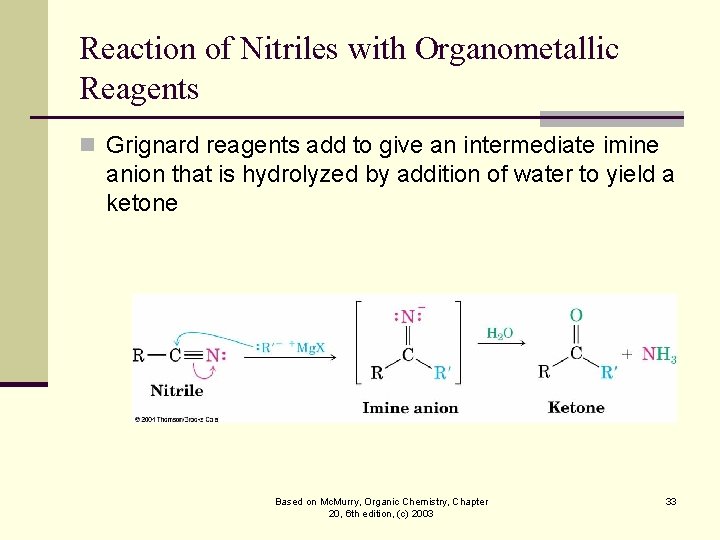 Reaction of Nitriles with Organometallic Reagents n Grignard reagents add to give an intermediate