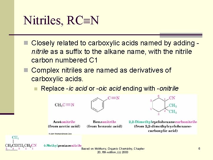 Nitriles, RC N n Closely related to carboxylic acids named by adding - nitrile