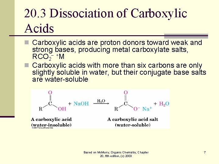 20. 3 Dissociation of Carboxylic Acids n Carboxylic acids are proton donors toward weak