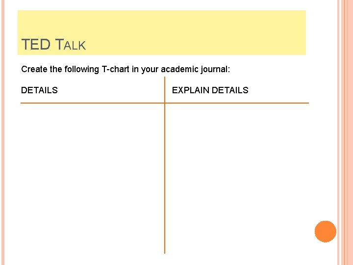 TED TALK Create the following T-chart in your academic journal: DETAILS EXPLAIN DETAILS 