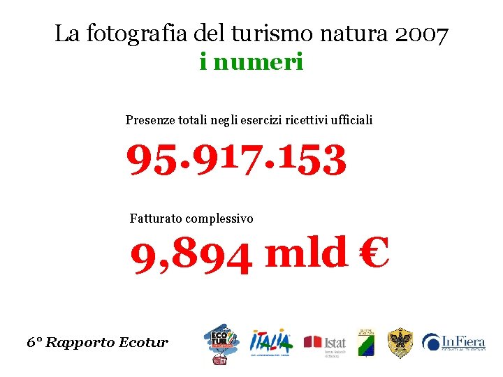 La fotografia del turismo natura 2007 i numeri Presenze totali negli esercizi ricettivi ufficiali