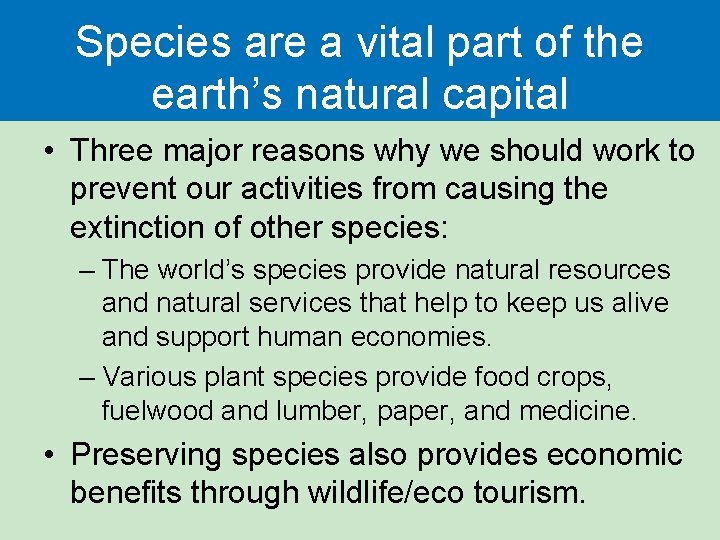 Species are a vital part of the earth’s natural capital • Three major reasons