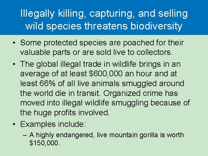Illegally killing, capturing, and selling wild species threatens biodiversity • Some protected species are
