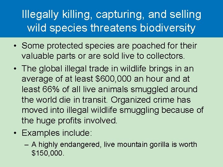 Illegally killing, capturing, and selling wild species threatens biodiversity • Some protected species are