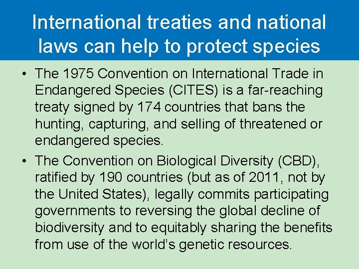International treaties and national laws can help to protect species • The 1975 Convention