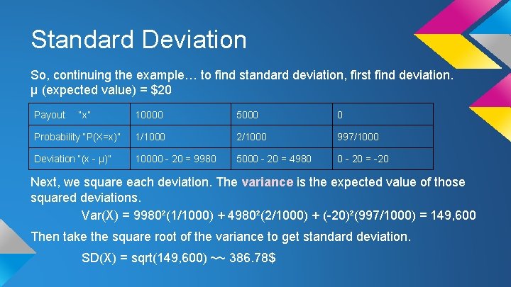 Standard Deviation So, continuing the example… to find standard deviation, first find deviation. μ