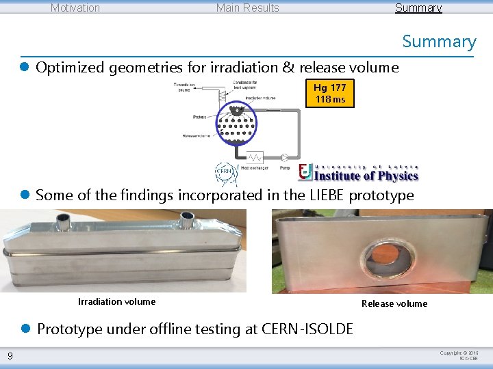 Motivation Main Results Summary l Optimized geometries for irradiation & release volume Hg 177