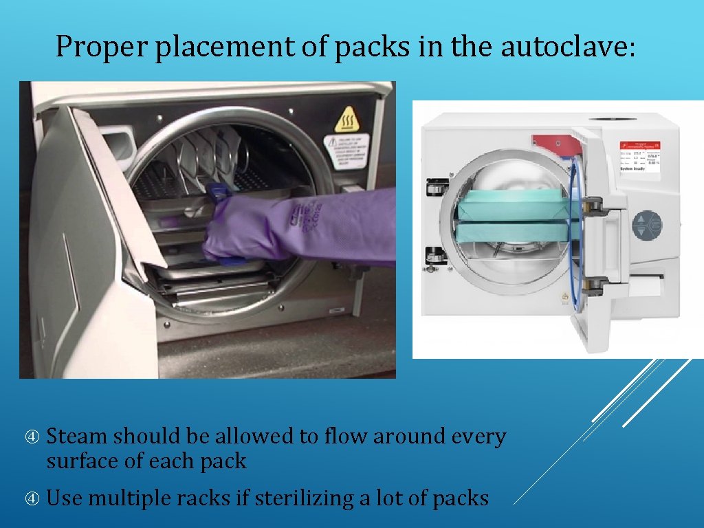 Proper placement of packs in the autoclave: Steam should be allowed to flow around