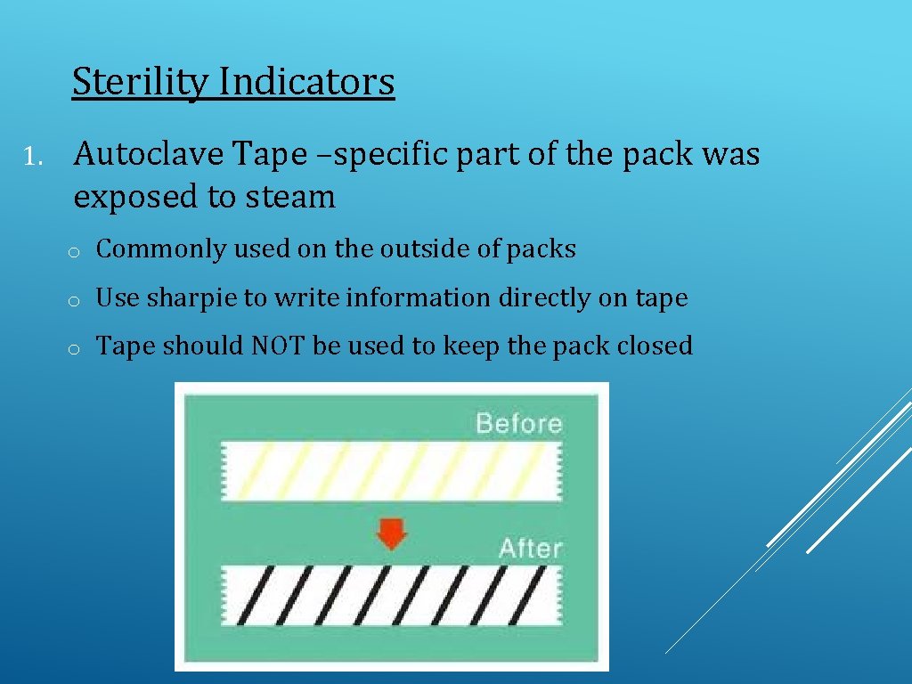 Sterility Indicators 1. Autoclave Tape –specific part of the pack was exposed to steam