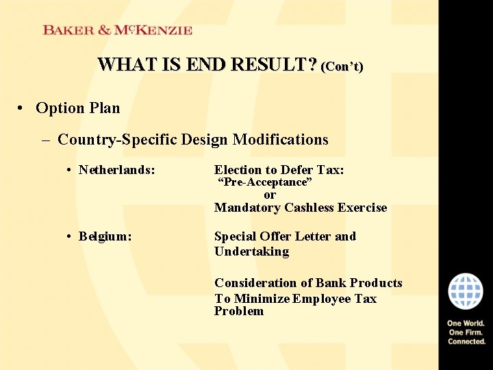 WHAT IS END RESULT? (Con’t) • Option Plan – Country-Specific Design Modifications • Netherlands: