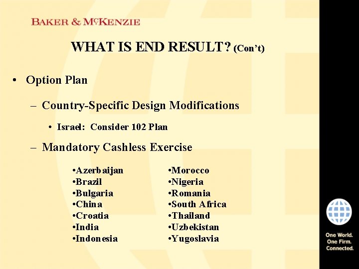 WHAT IS END RESULT? (Con’t) • Option Plan – Country-Specific Design Modifications • Israel: