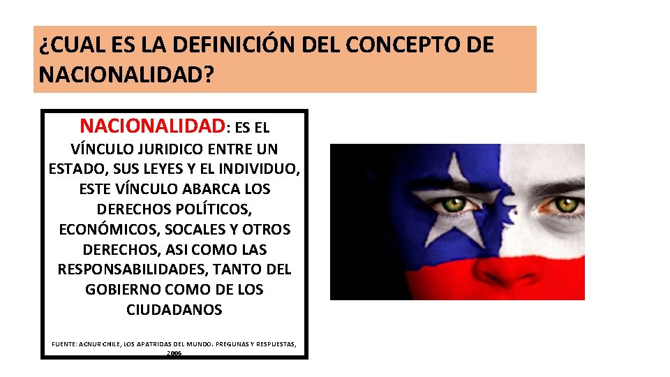 ¿CUAL ES LA DEFINICIÓN DEL CONCEPTO DE NACIONALIDAD? NACIONALIDAD: ES EL VÍNCULO JURIDICO ENTRE