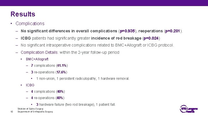Results • Complications – No significant differences in overall complications (p=0. 935), reoperations (p=0.