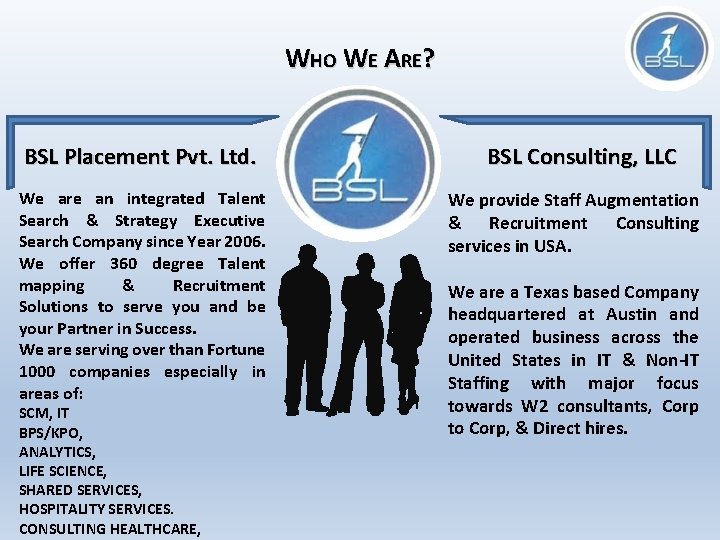 WHO WE ARE? BSL Placement Pvt. Ltd. We are an integrated Talent Search &