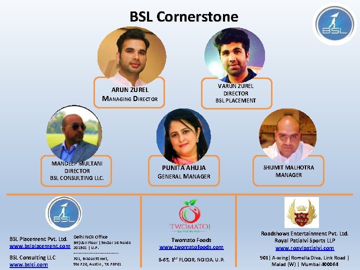 BSL Cornerstone VARUN ZUREL DIRECTOR BSL PLACEMENT ARUN ZUREL MANAGING DIRECTOR MANDEEP MULTANI DIRECTOR