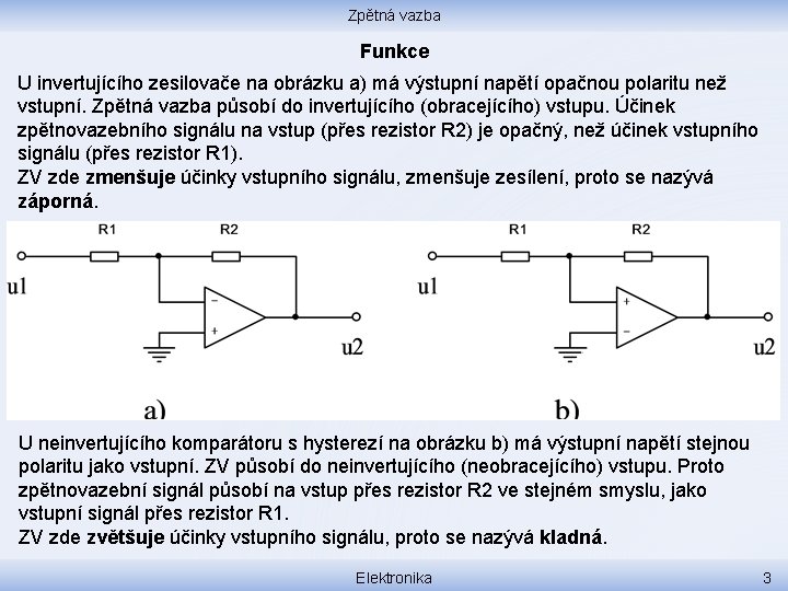 Zpětná vazba Funkce U invertujícího zesilovače na obrázku a) má výstupní napětí opačnou polaritu