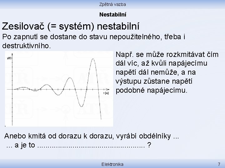 Zpětná vazba Nestabilní Zesilovač (= systém) nestabilní Po zapnutí se dostane do stavu nepoužitelného,