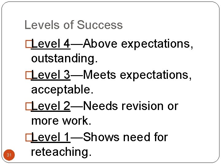 Levels of Success �Level 4—Above expectations, 31 outstanding. �Level 3—Meets expectations, acceptable. �Level 2—Needs