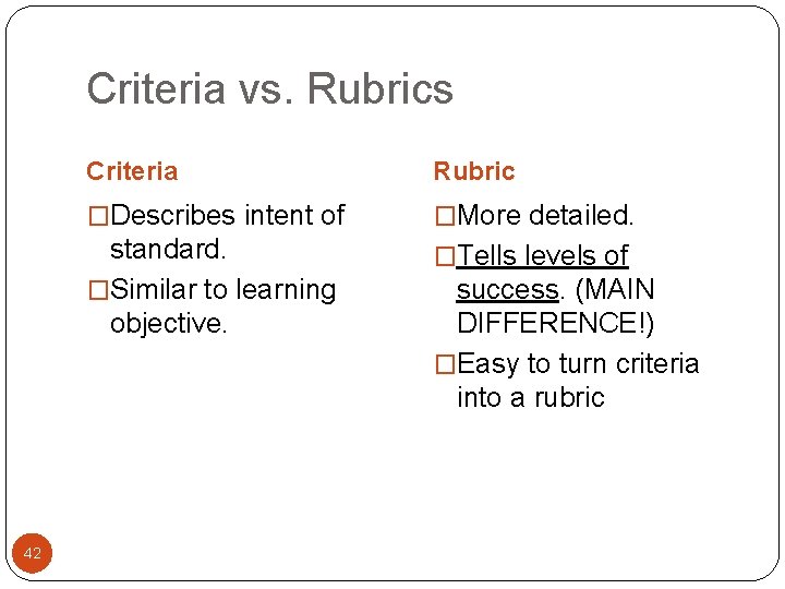 Criteria vs. Rubrics 42 Criteria Rubric �Describes intent of �More detailed. standard. �Similar to