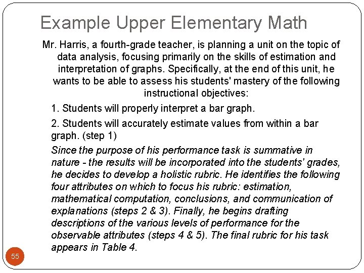 Example Upper Elementary Math 55 Mr. Harris, a fourth-grade teacher, is planning a unit