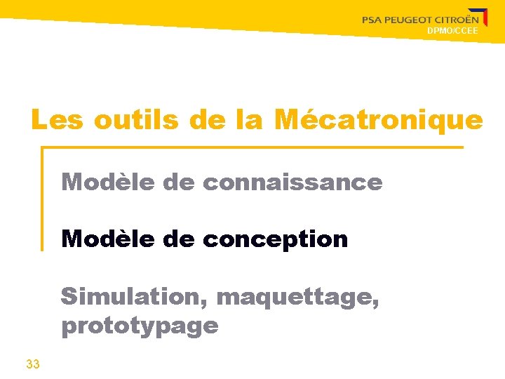 DPMO/CCEE Les outils de la Mécatronique Modèle de connaissance Modèle de conception Simulation, maquettage,