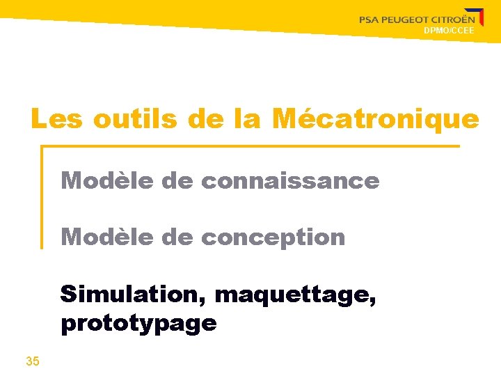 DPMO/CCEE Les outils de la Mécatronique Modèle de connaissance Modèle de conception Simulation, maquettage,