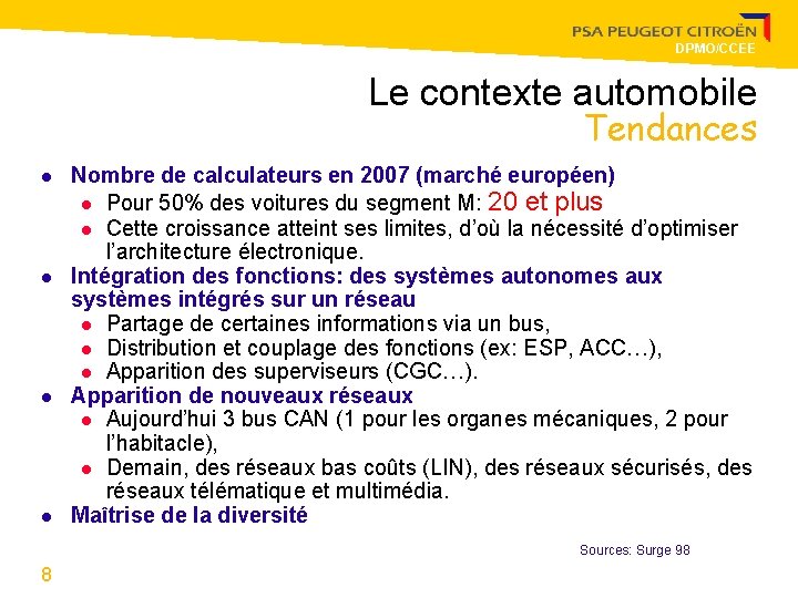 DPMO/CCEE Le contexte automobile Tendances l l Nombre de calculateurs en 2007 (marché européen)