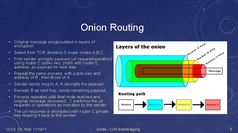 Onion Routing • Original message encapsulated in layers of encryption • Select from TOR