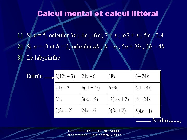Calcul mental et calcul littéral 1) Si x = 5, calculer 3 x ;