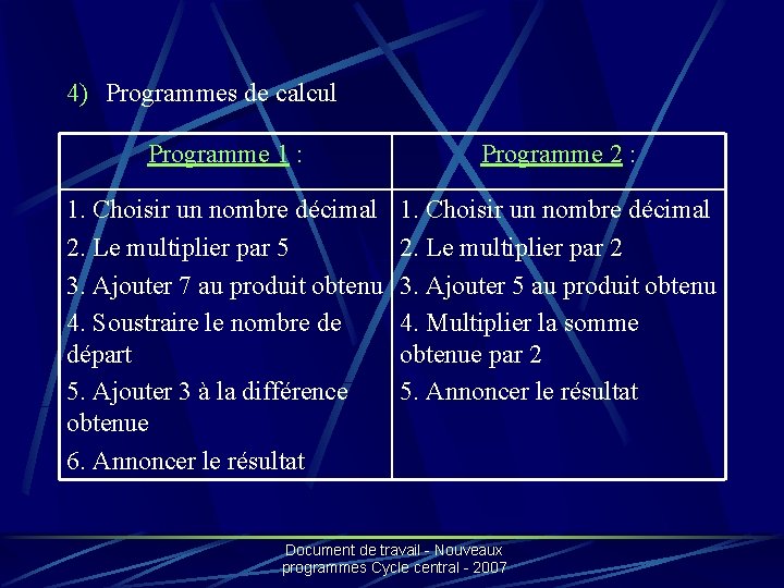 4) Programmes de calcul Programme 1 : Programme 2 : 1. Choisir un nombre