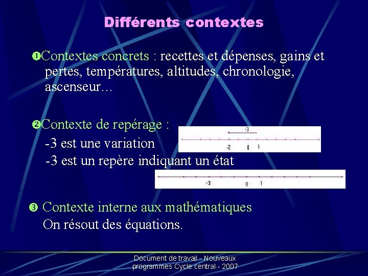 Différents contextes Contextes concrets : recettes et dépenses, gains et pertes, températures, altitudes, chronologie,