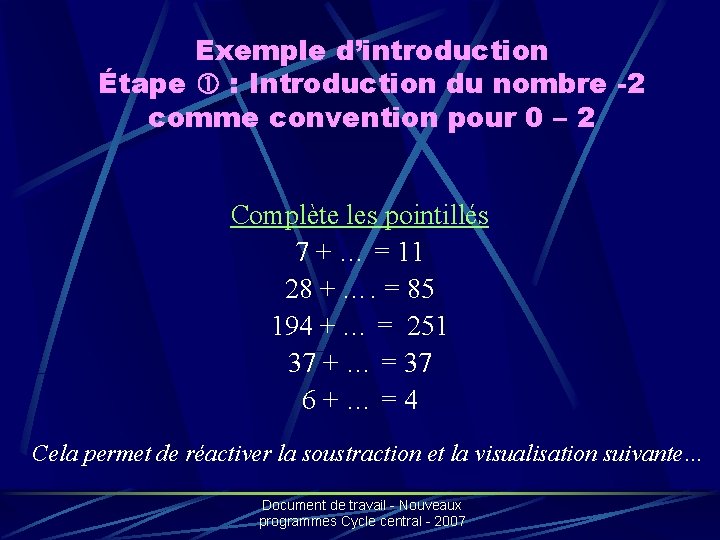 Exemple d’introduction Étape : Introduction du nombre -2 comme convention pour 0 – 2