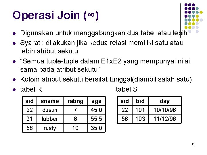 Operasi Join (∞) l l l Digunakan untuk menggabungkan dua tabel atau lebih. Syarat