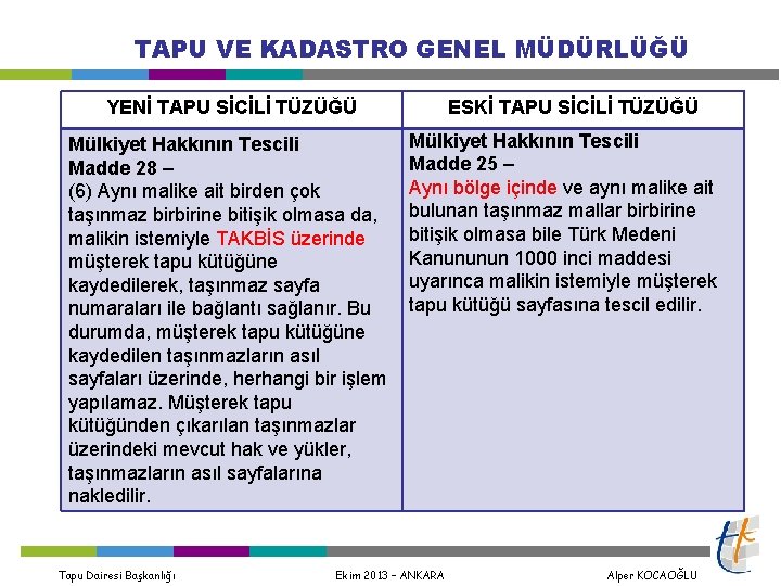 TAPU VE KADASTRO GENEL MÜDÜRLÜĞÜ YENİ TAPU SİCİLİ TÜZÜĞÜ Mülkiyet Hakkının Tescili Madde 28