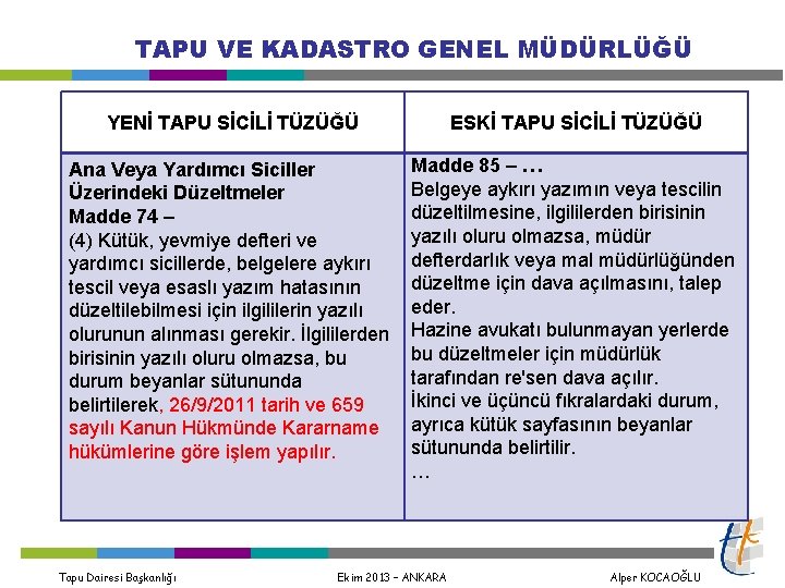 TAPU VE KADASTRO GENEL MÜDÜRLÜĞÜ YENİ TAPU SİCİLİ TÜZÜĞÜ Ana Veya Yardımcı Siciller Üzerindeki