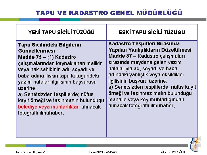 TAPU VE KADASTRO GENEL MÜDÜRLÜĞÜ YENİ TAPU SİCİLİ TÜZÜĞÜ Tapu Sicilindeki Bilgilerin Güncellenmesi Madde