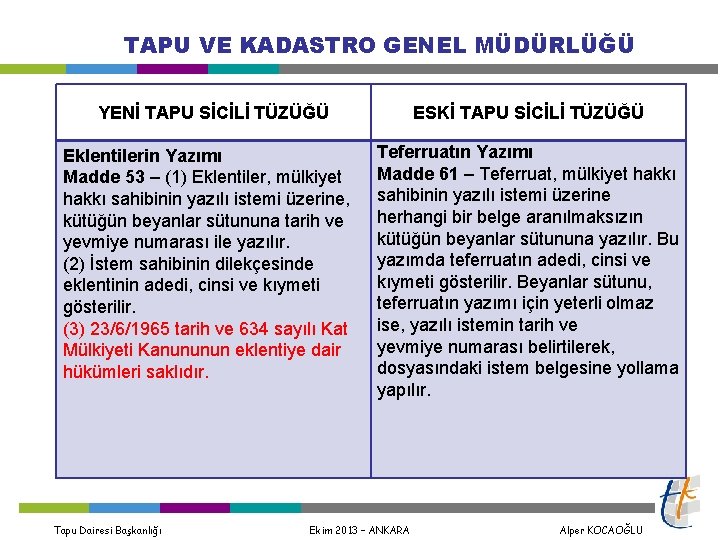 TAPU VE KADASTRO GENEL MÜDÜRLÜĞÜ YENİ TAPU SİCİLİ TÜZÜĞÜ Eklentilerin Yazımı Madde 53 –