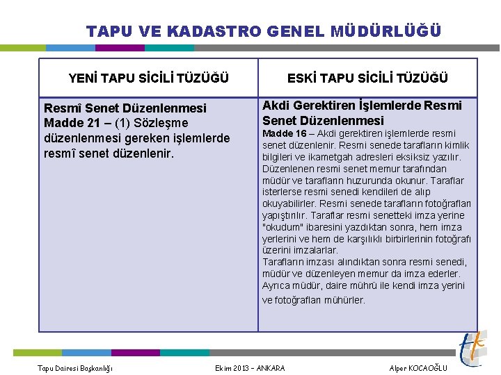 TAPU VE KADASTRO GENEL MÜDÜRLÜĞÜ YENİ TAPU SİCİLİ TÜZÜĞÜ Resmî Senet Düzenlenmesi Madde 21