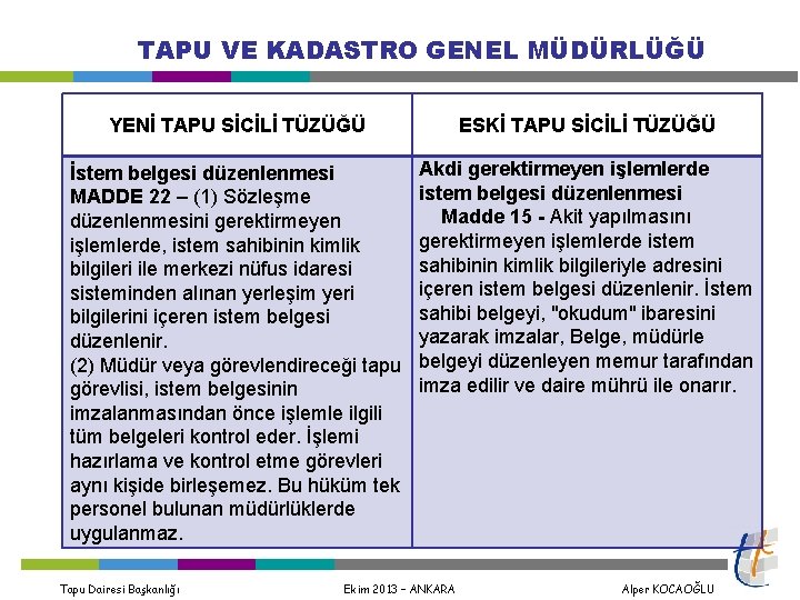 TAPU VE KADASTRO GENEL MÜDÜRLÜĞÜ YENİ TAPU SİCİLİ TÜZÜĞÜ İstem belgesi düzenlenmesi MADDE 22