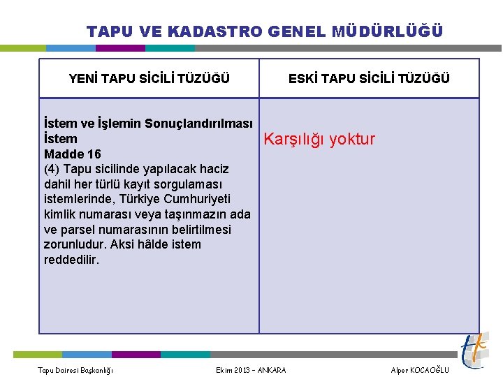 TAPU VE KADASTRO GENEL MÜDÜRLÜĞÜ YENİ TAPU SİCİLİ TÜZÜĞÜ İstem ve İşlemin Sonuçlandırılması İstem