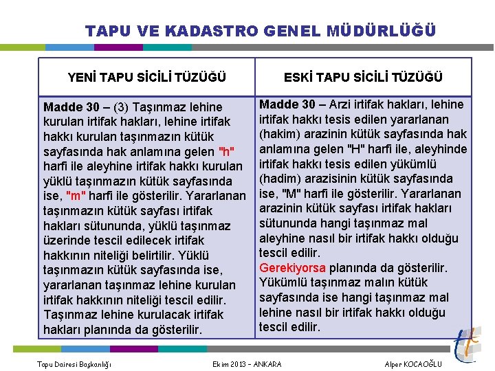 TAPU VE KADASTRO GENEL MÜDÜRLÜĞÜ YENİ TAPU SİCİLİ TÜZÜĞÜ Madde 30 – (3) Taşınmaz