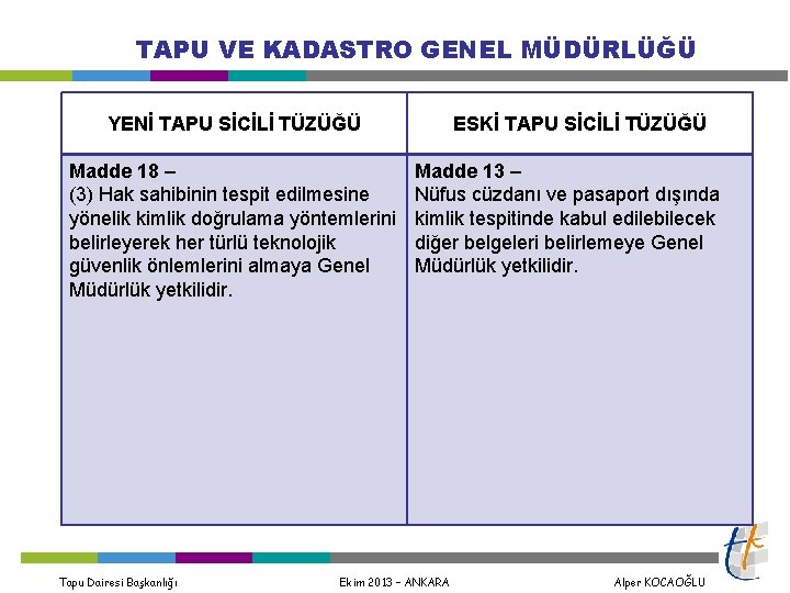 TAPU VE KADASTRO GENEL MÜDÜRLÜĞÜ YENİ TAPU SİCİLİ TÜZÜĞÜ Madde 18 – (3) Hak