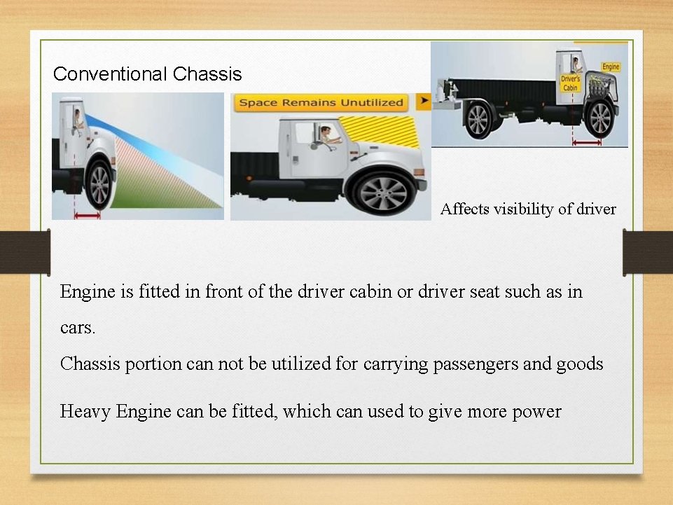 Conventional Chassis Affects visibility of driver Engine is fitted in front of the driver