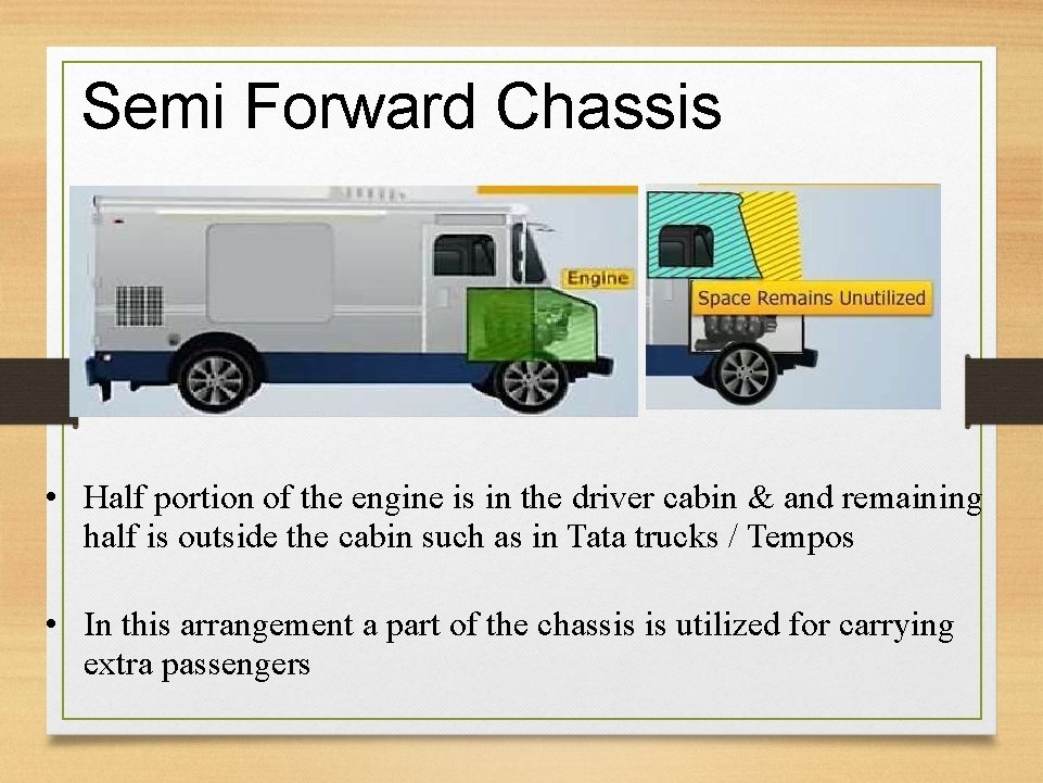 Semi Forward Chassis • Half portion of the engine is in the driver cabin