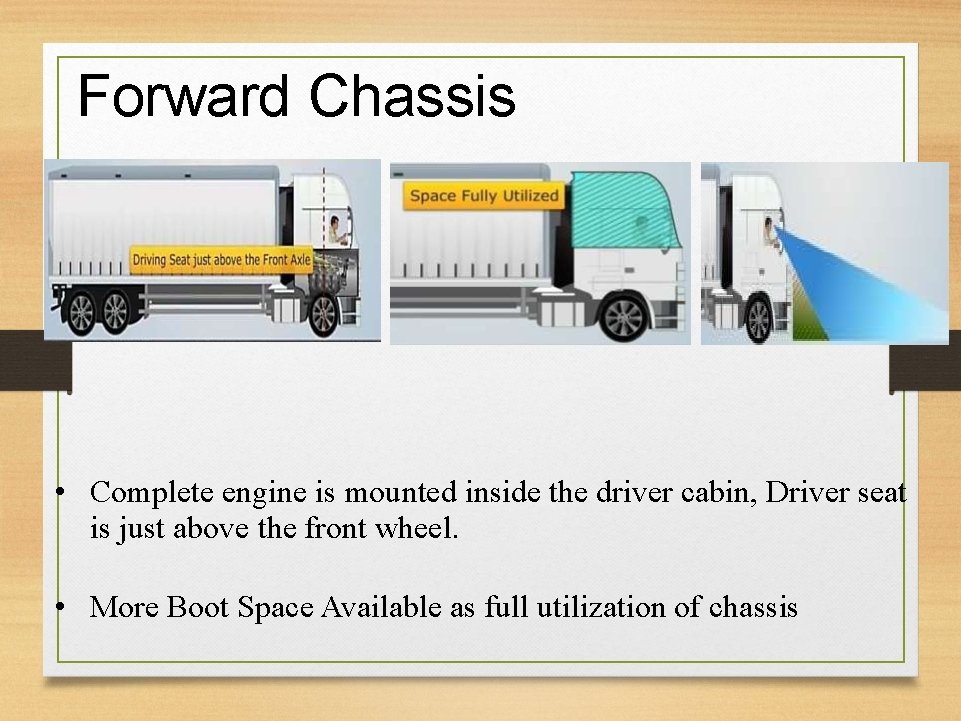 Forward Chassis • Complete engine is mounted inside the driver cabin, Driver seat is