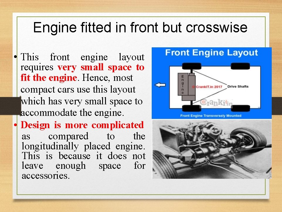 Engine fitted in front but crosswise • This front engine layout requires very small