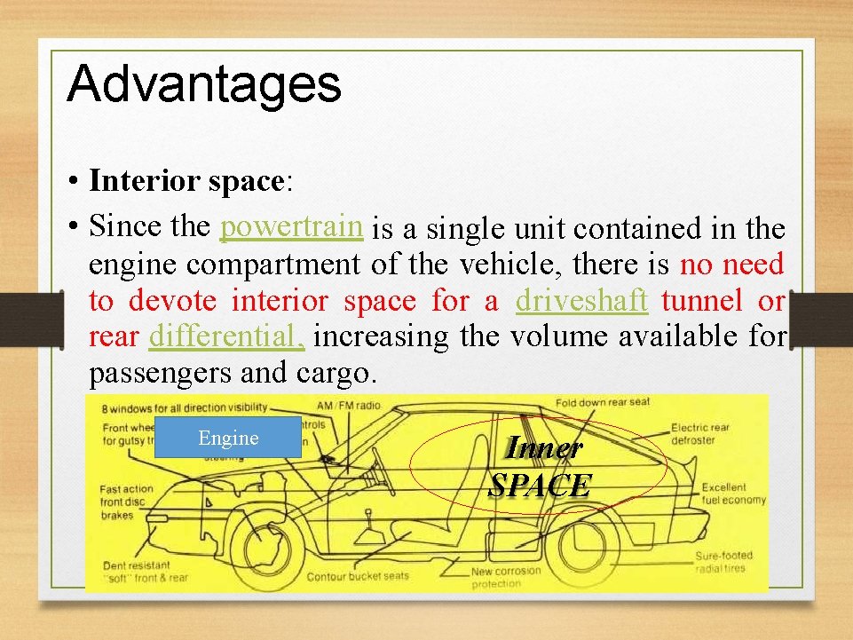 Advantages • Interior space: • Since the powertrain is a single unit contained in